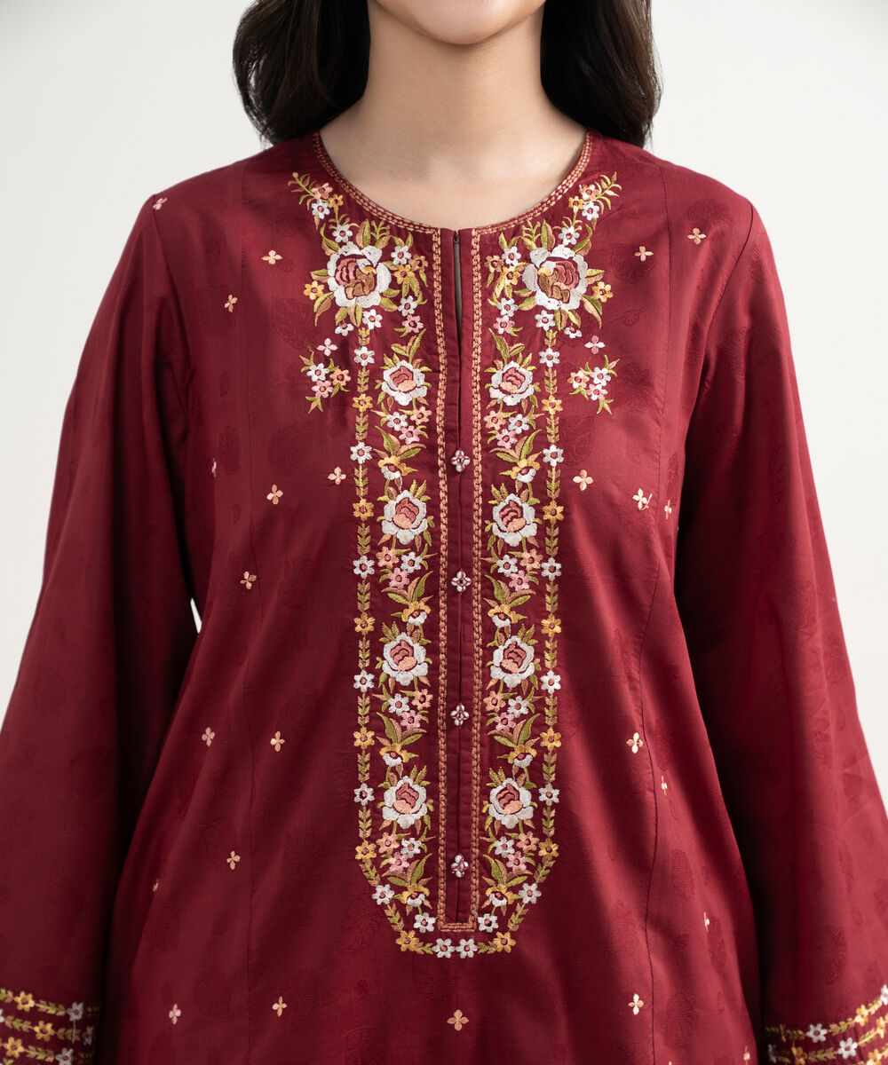 Women's RTW Self Jacquard Embroidered Maroon 3 Piece Suit