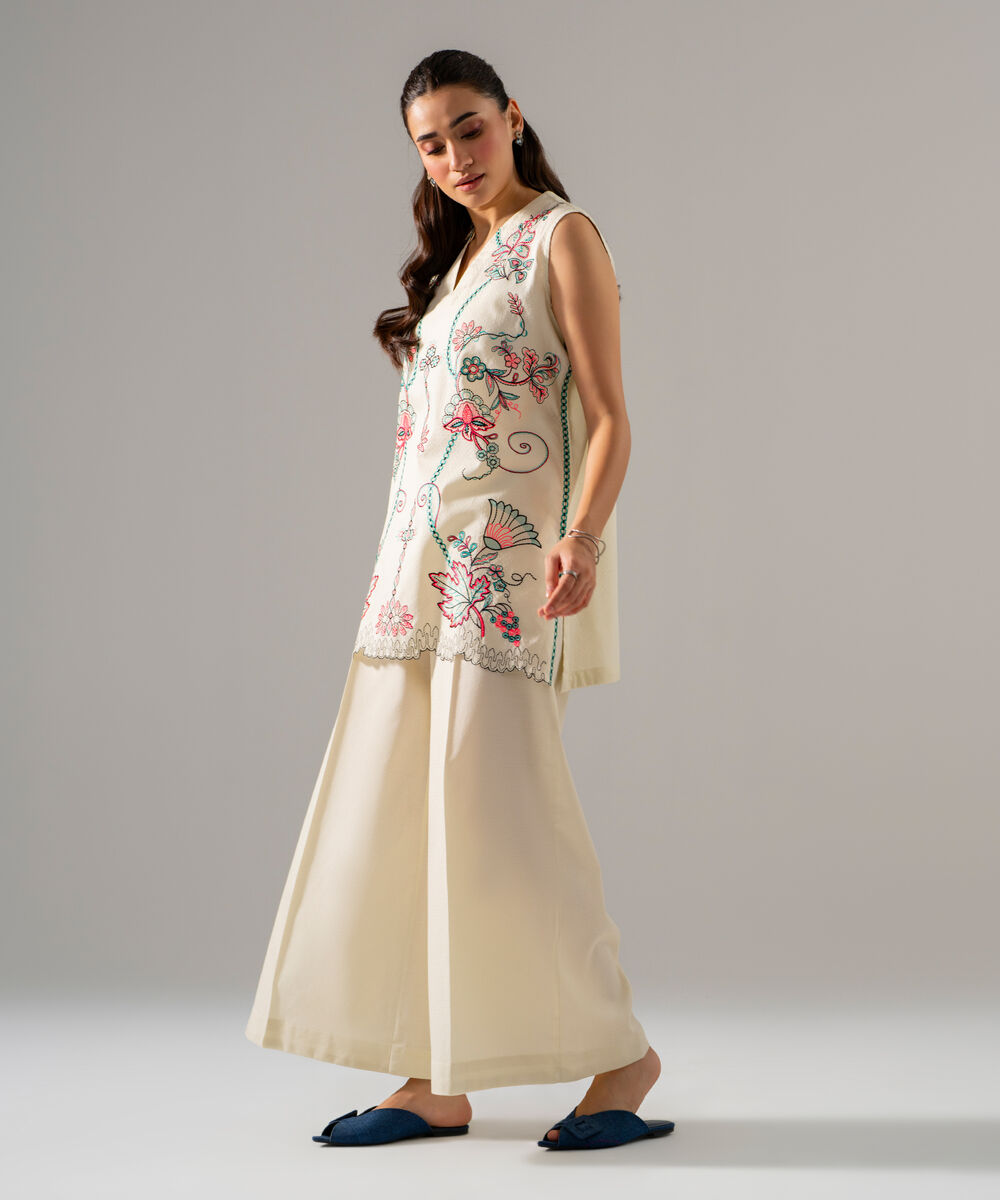 Women's RTW Dobby Solid Embroidered Off White 2 Piece Suit