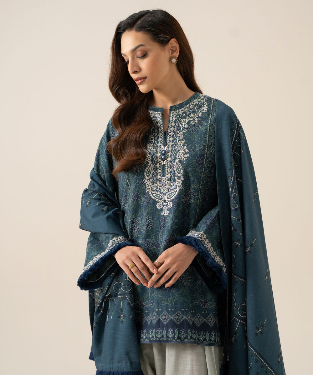Women's Unstitched Cotton Printed Blue 3 Piece Suit