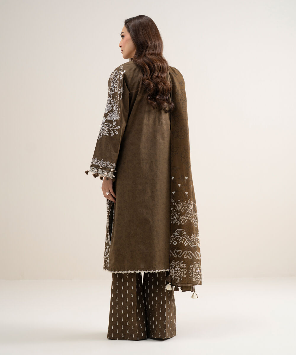 Women's Unstitched Lawn Embroidered Brown 3 Piece Suit