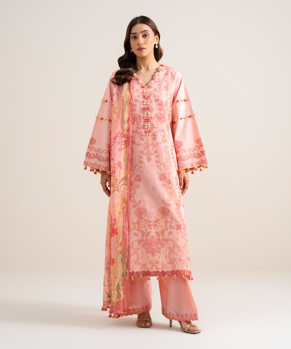 Women's Unstitched Embroidered Dobby Pink 3 Piece Suit
