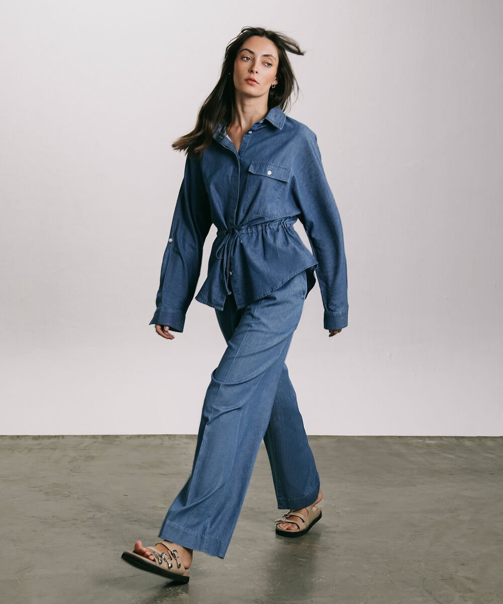 Women's Western Wear Blue Straight Fit Pleated Trouser