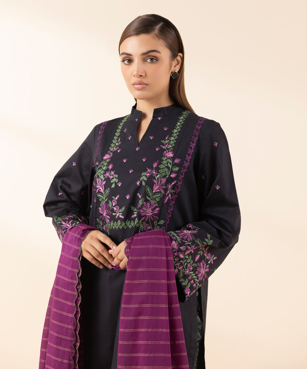 Women's Unstitched Lawn Embroidered Black 3 Piece Suit