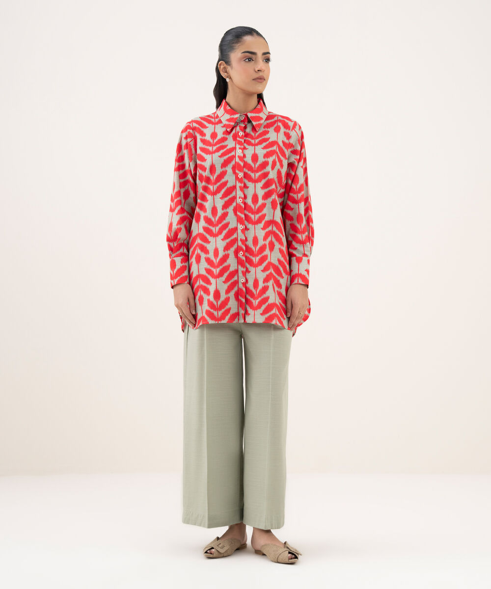 Women's RTW Light Khaddar Printed Button Down Grey Shirt