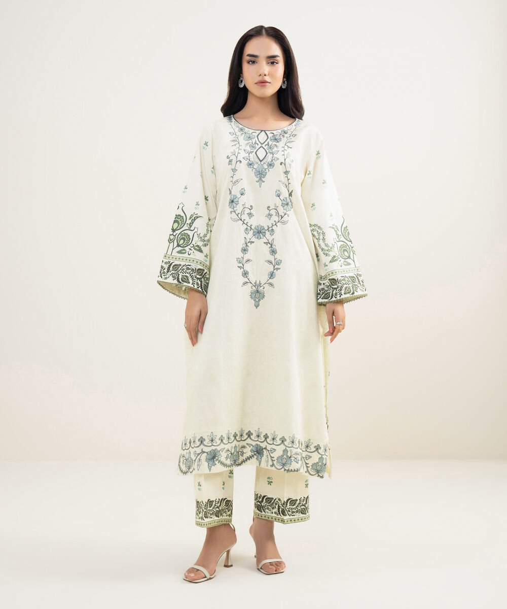 Women's RTW Cotton Satin Embroidered White A-Line Shirt