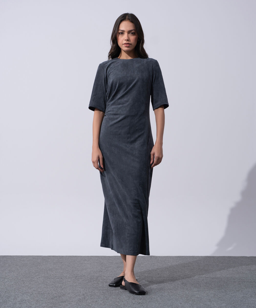 Women's Western Wear Grey Polyester Pleated Faux Suede Long Dress