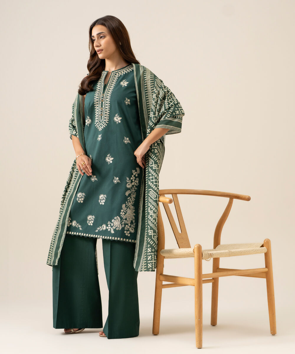 Women's Unstitched Lawn Embroidered Green 3 Piece Suit