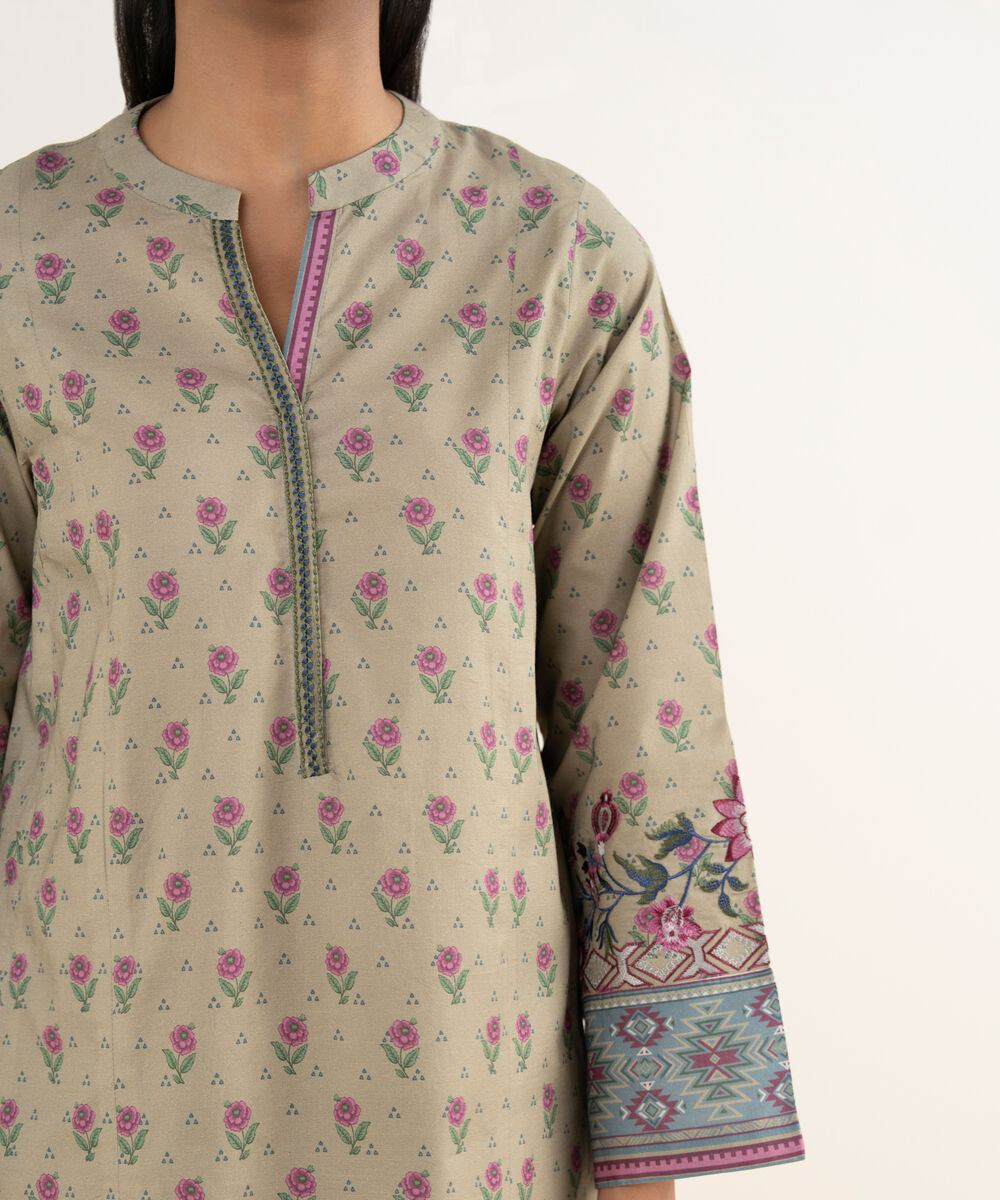 Women's Unstitched Textured Lawn Printed Beige 3 Piece Suit