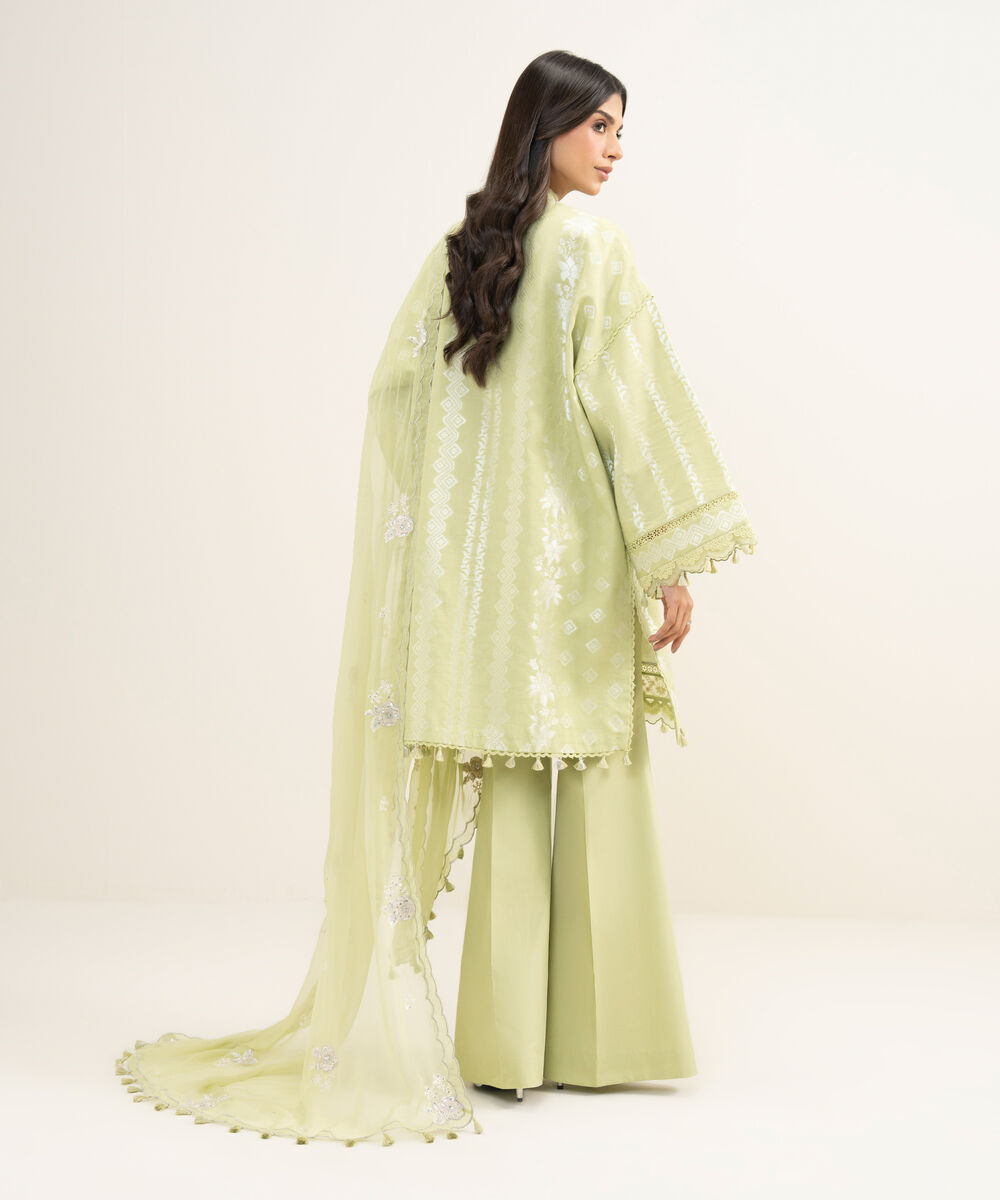 Women's Unstitched Extra Weft Jacquard Embroidered Green 3 Piece Suit