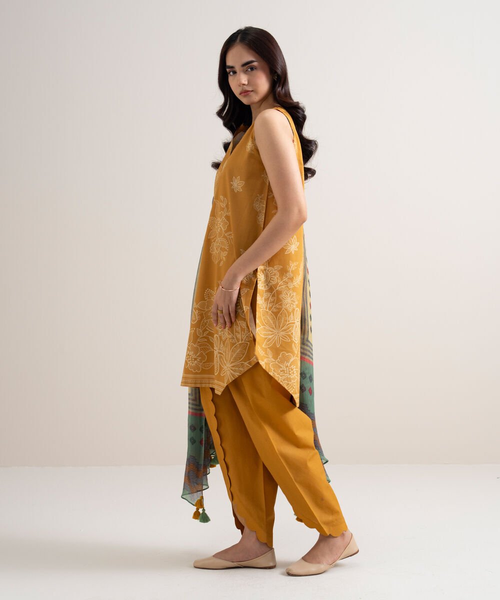 Women's Unstitched Lawn Printed Yellow 3 Piece Suit