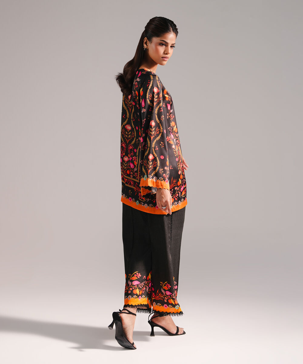 Women's RTW Blended Satin Printed Black 2 Piece Suit