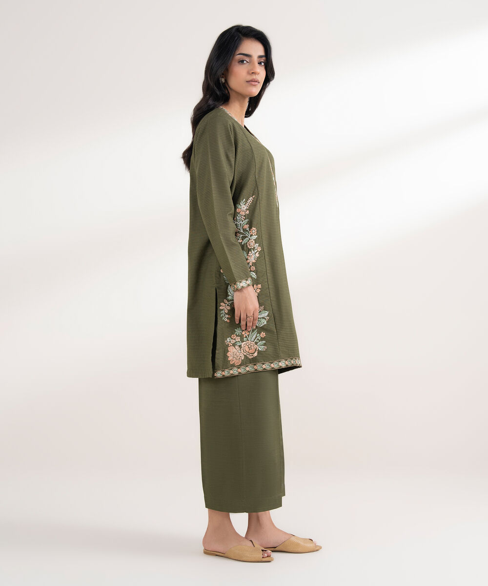 Women's RTW Zari Khaddar Embroidered Green Straight Shirt