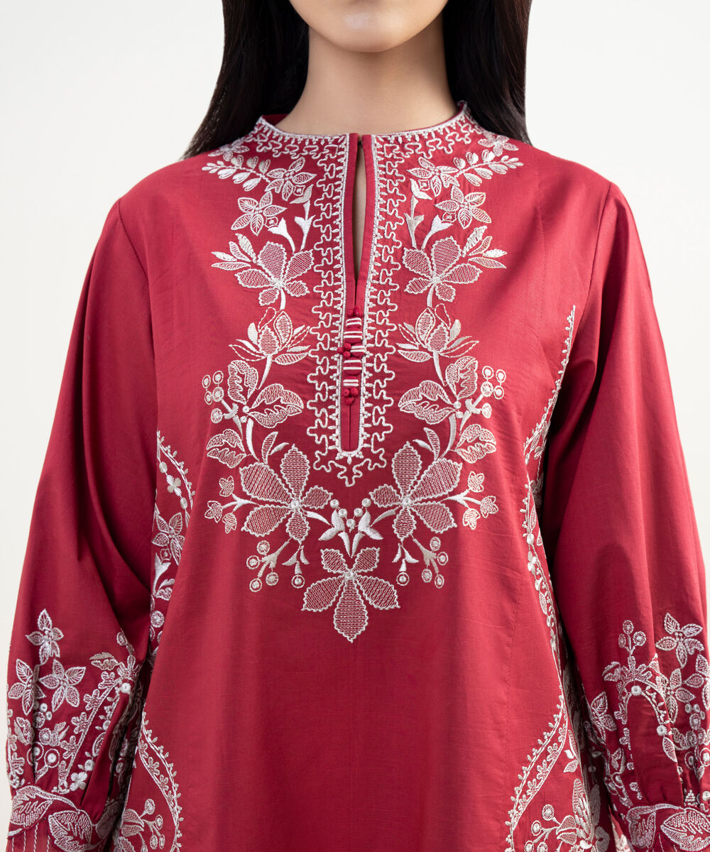 Women's Unstitched Textured Lawn Embroidered Red 3 Piece Suit