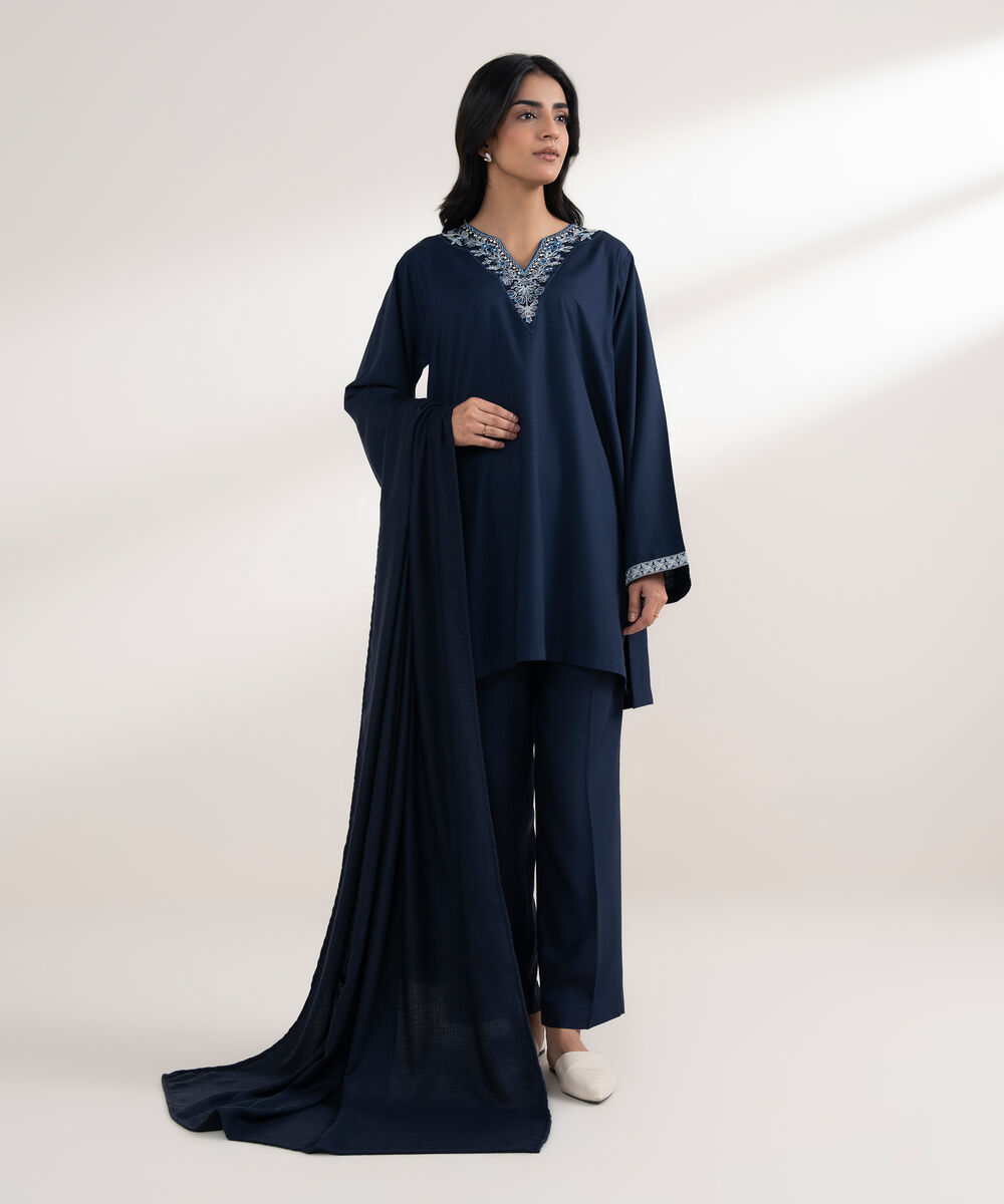 Women's RTW Arabic Khaddar Embroidered Navy Blue Straight Shirt