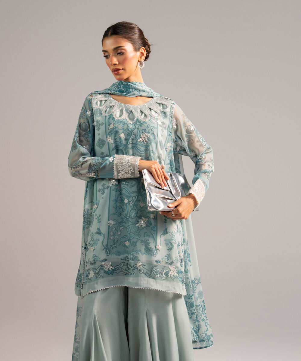 Women's RTW Chiffon Embroidered Blue 3 Piece Suit