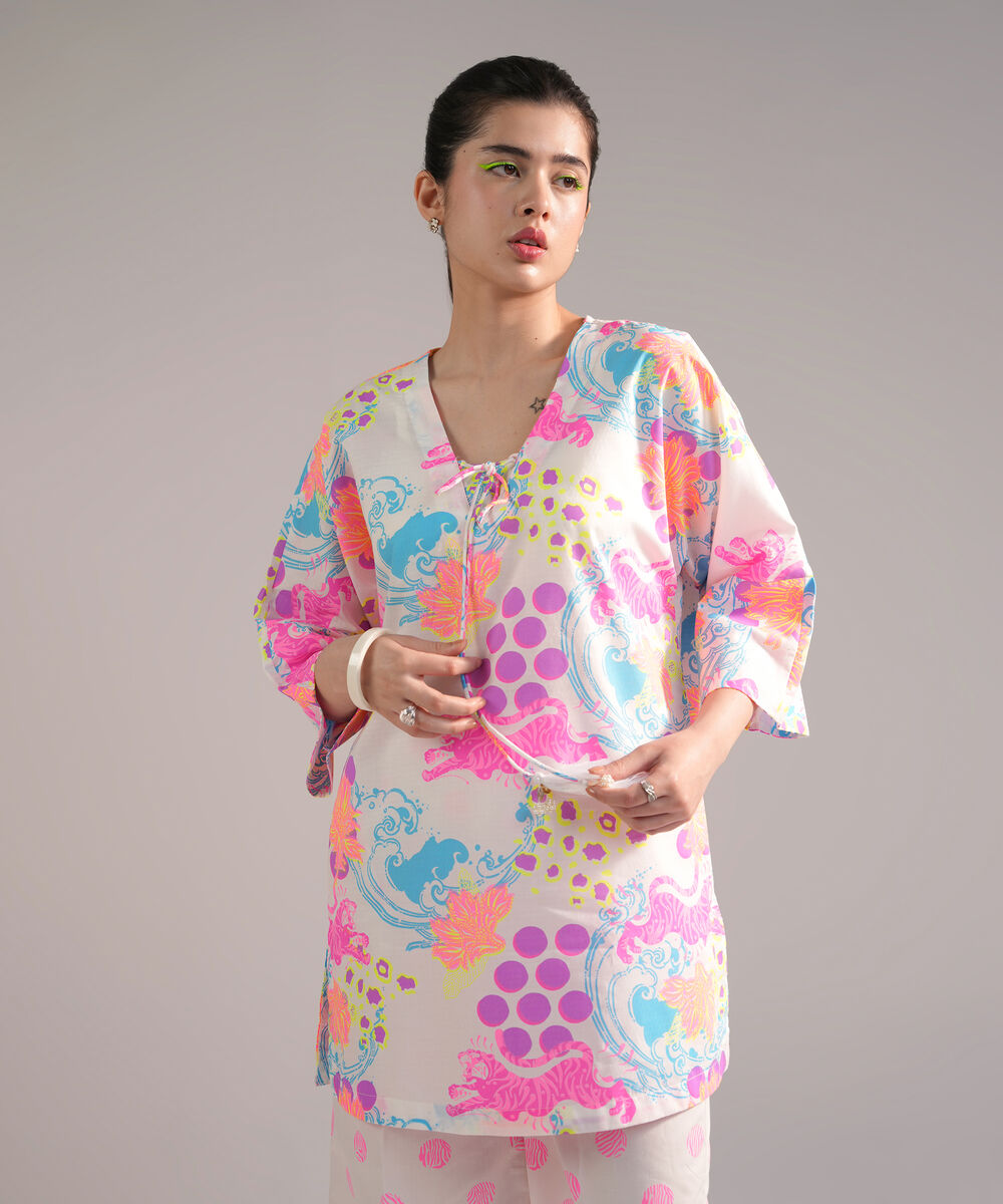 Women's RTW Dobby Printed White 2 Piece Suit