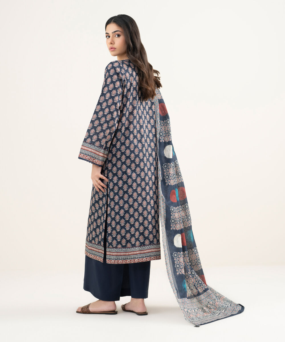 Women's RTW Lawn Printed Dark Blue 3 Piece Suit