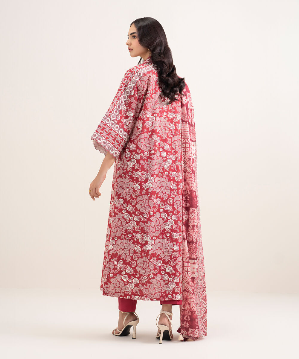 Women's Unstitched Lawn Printed Red 3 Piece Suit