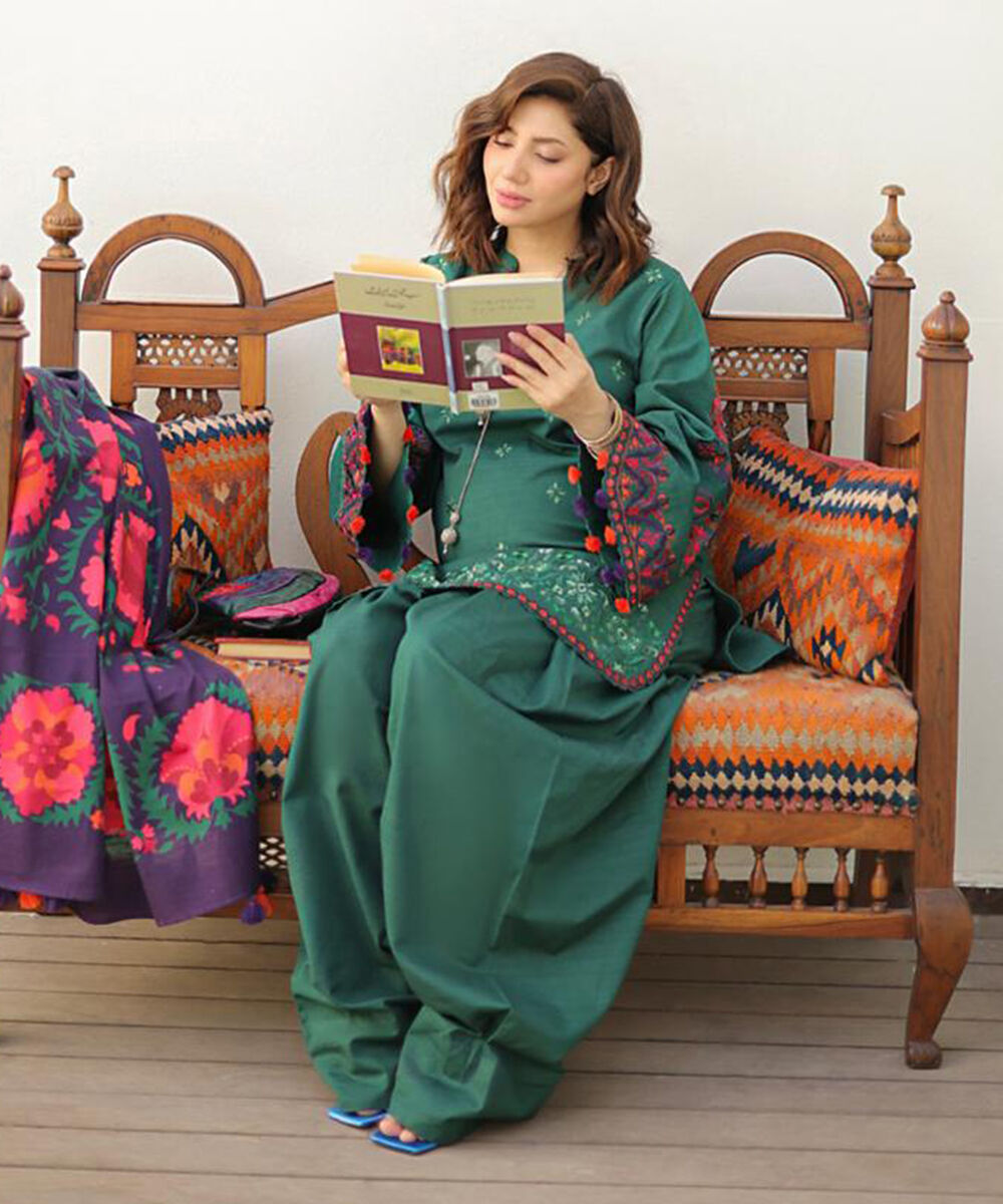Women's Unstitched Cotton Embroidered Green 3 Piece Suit