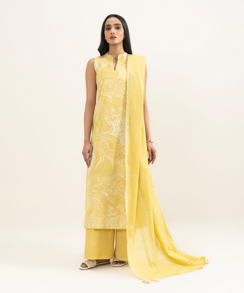 Women's Unstitched Lawn Printed Yellow 3 Piece Suit