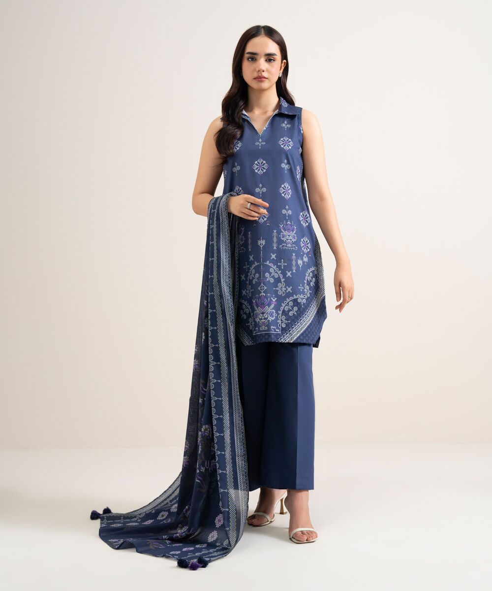 Women's Unstitched Lawn Printed Blue  3 Piece Suit