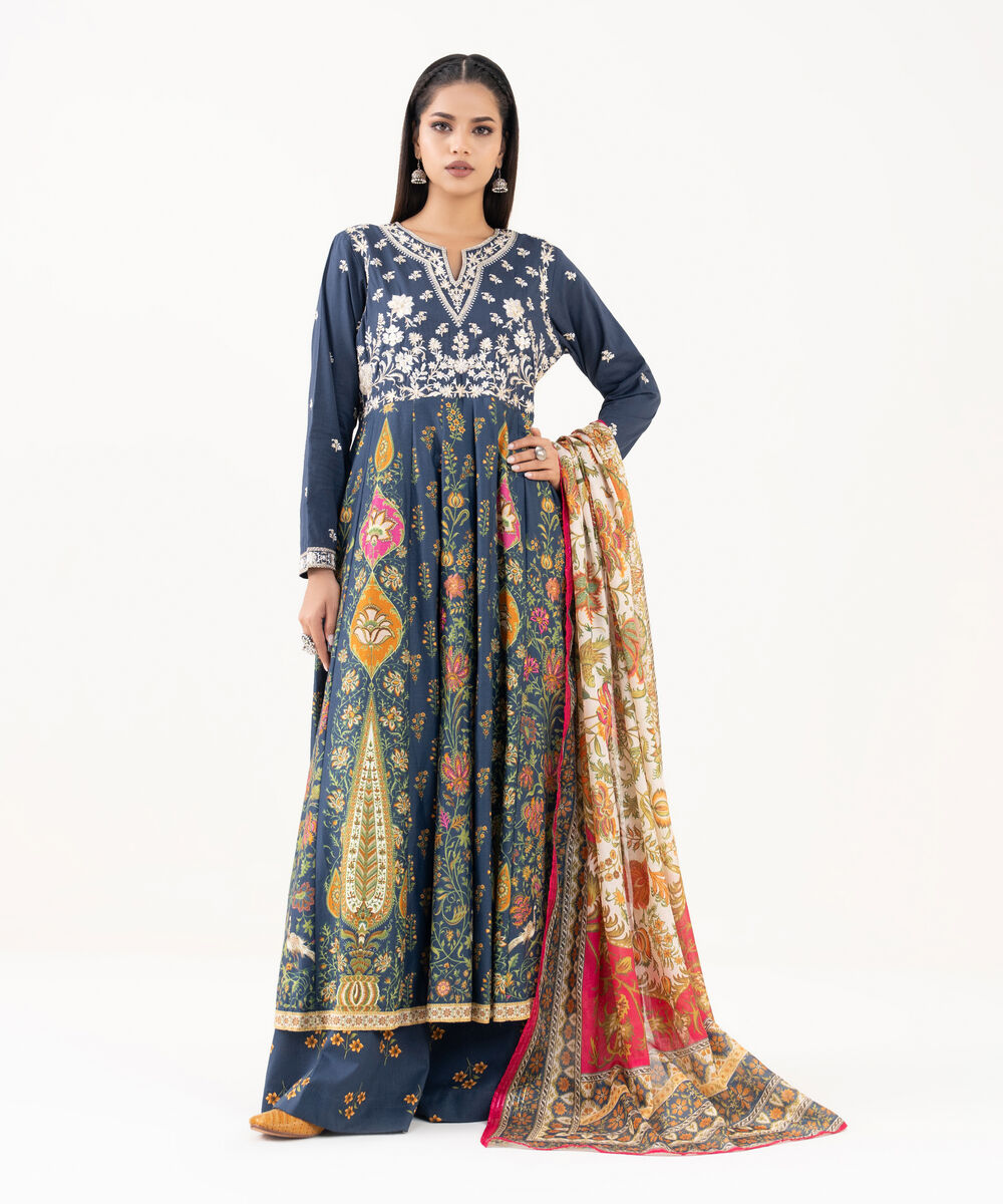 Women's RTW Lawn Viscose Blue Embroidered Pishwas