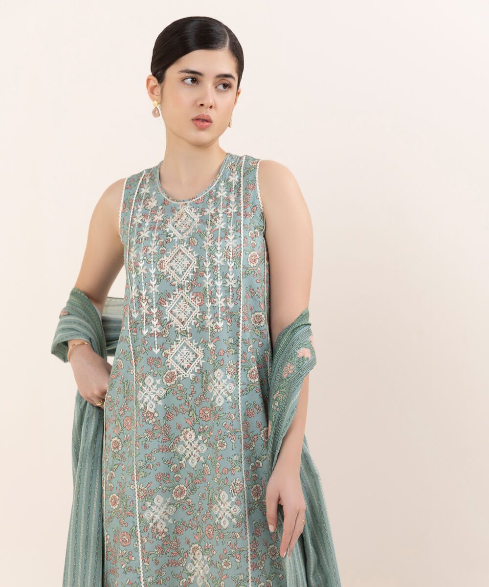 Women's Unstitched Lawn Embroidered Blue 2 Piece Suit