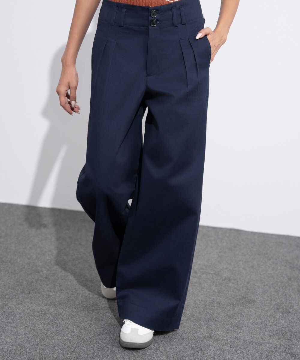 Women's Western Wear Blue Pleated Chino Trousers