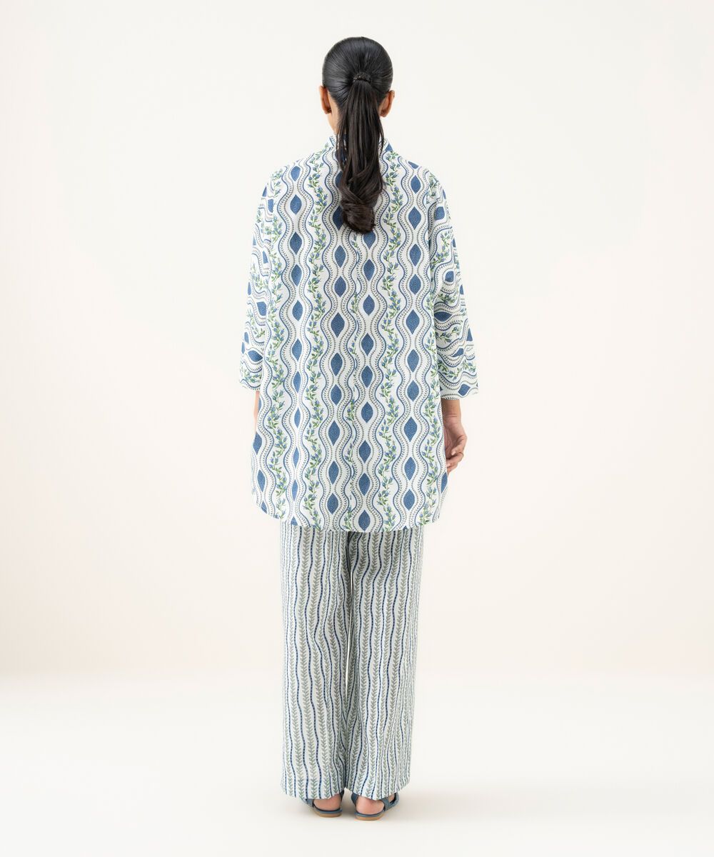 Women's RTW Crosshatch Printed Blue Drop Shoulder Shirt