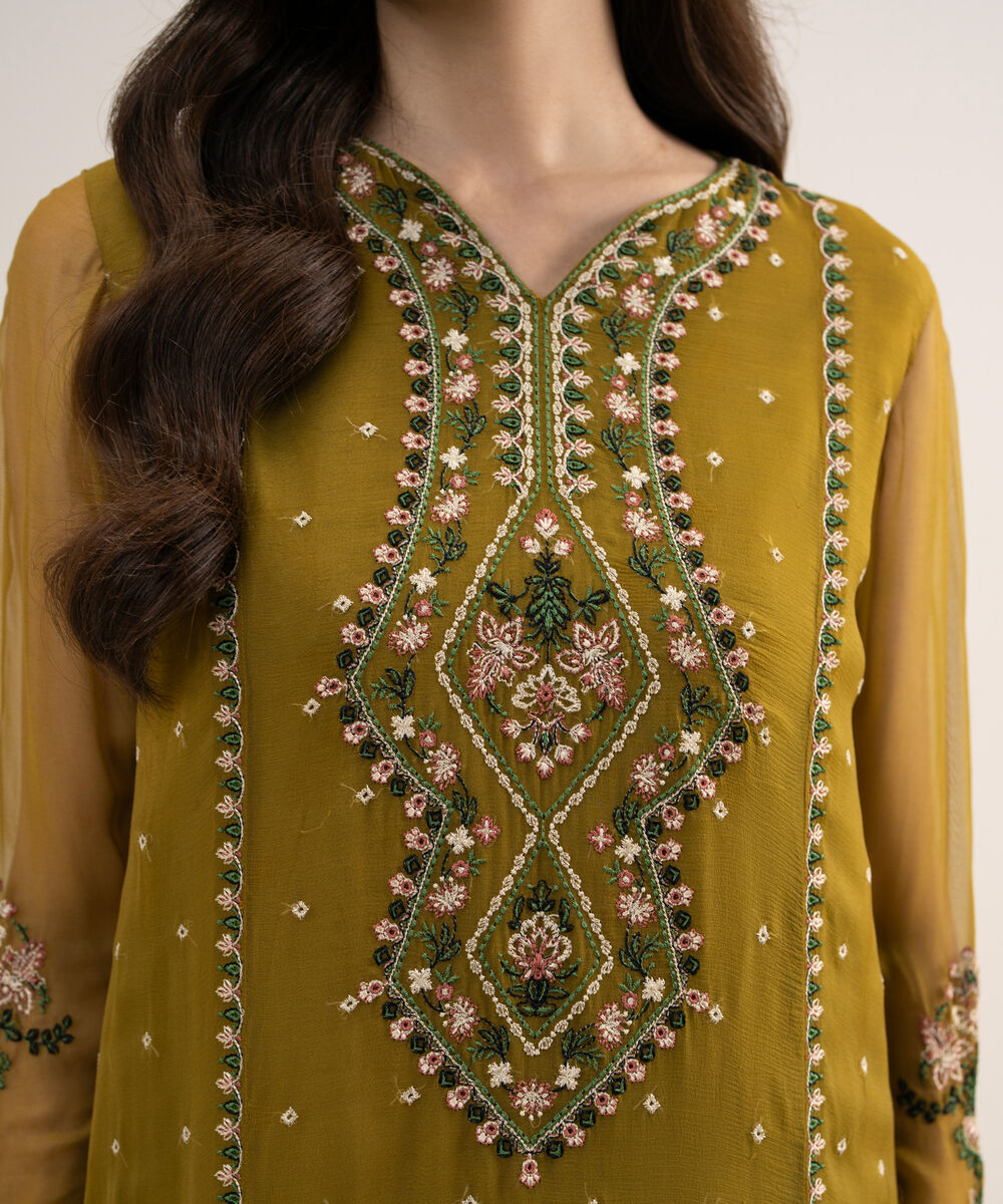 Women's Unstitched Embroidered Blended Chiffon Mustard 3 Piece Suit