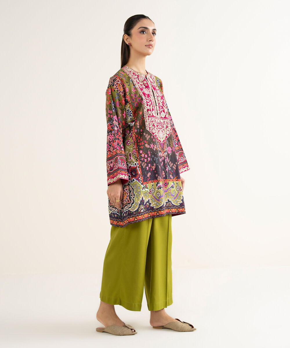 Women's RTW Linen Viscose Embroidered Green Drop Shoulder Shirt