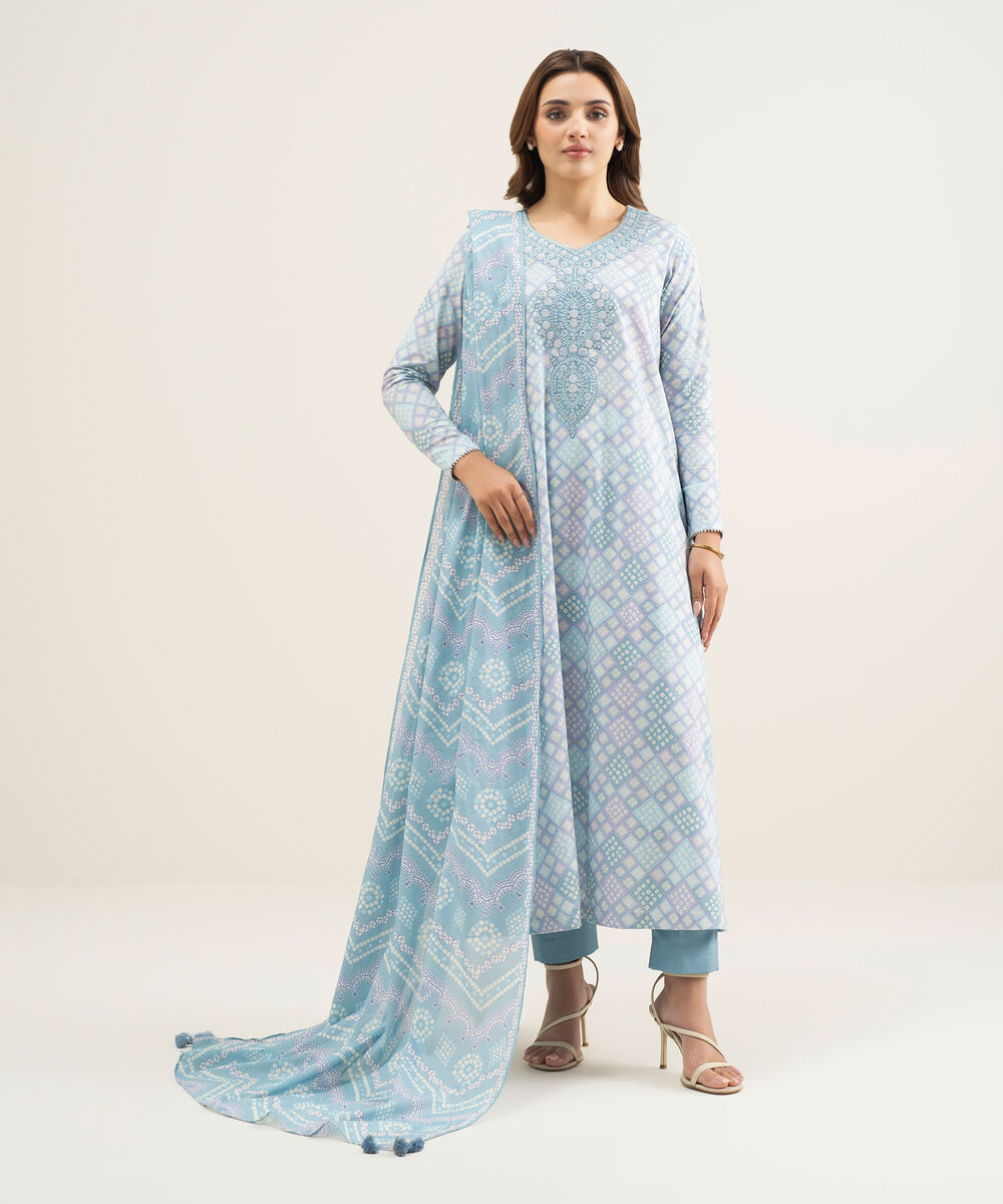 Women's Unstitched Lawn Blue Embroidered 3 Piece Suit