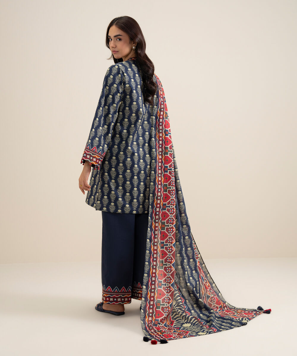 Women's Unstitched Lawn Printed Navy Blue 3 Piece Suit