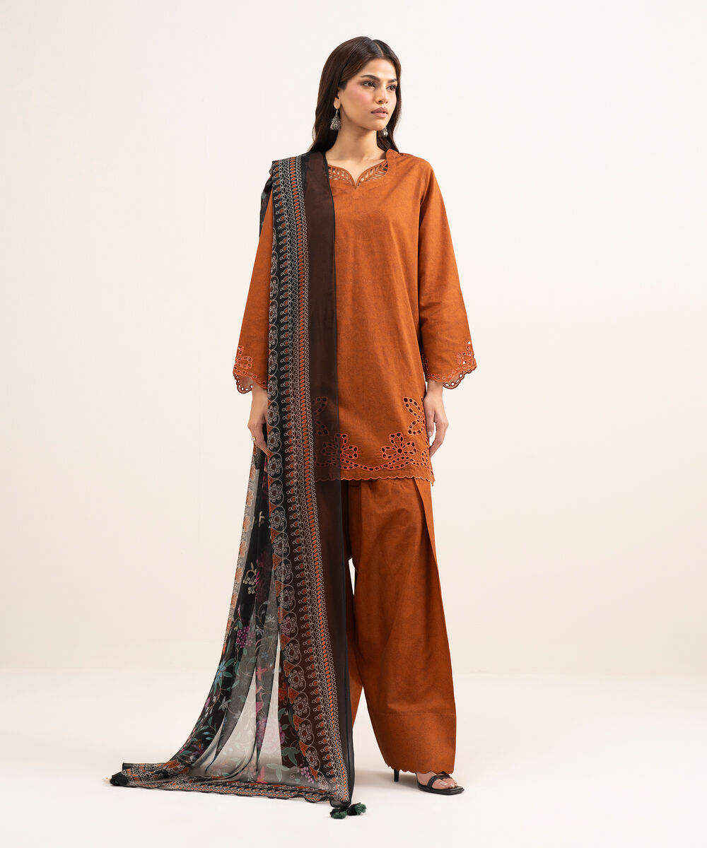 Women's Unstitched Lawn Embroidered Orange 3 Piece Suit