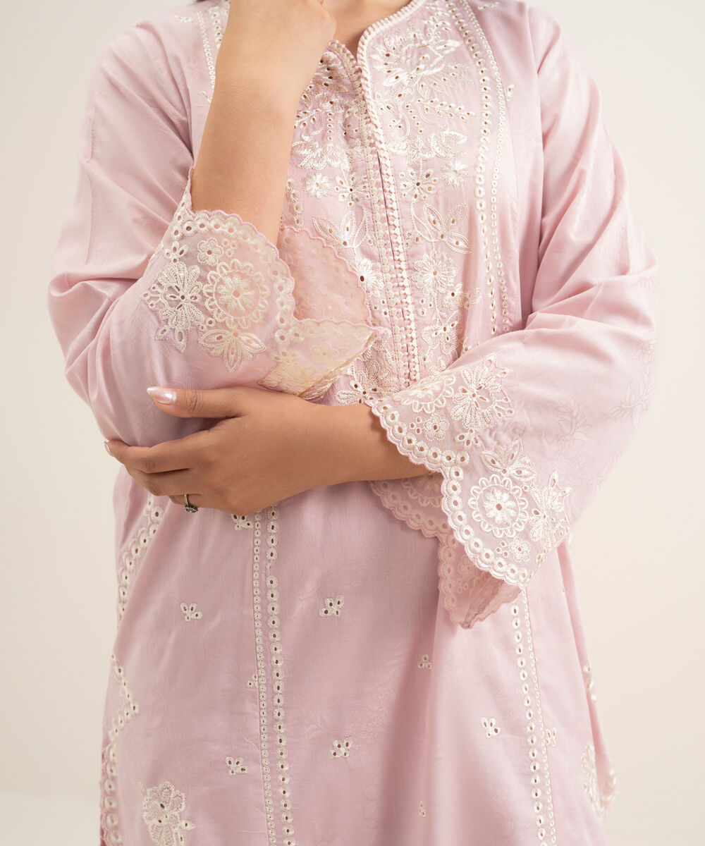 Women's RTW Self Jacquard Embroidered Pink Straight Shirt