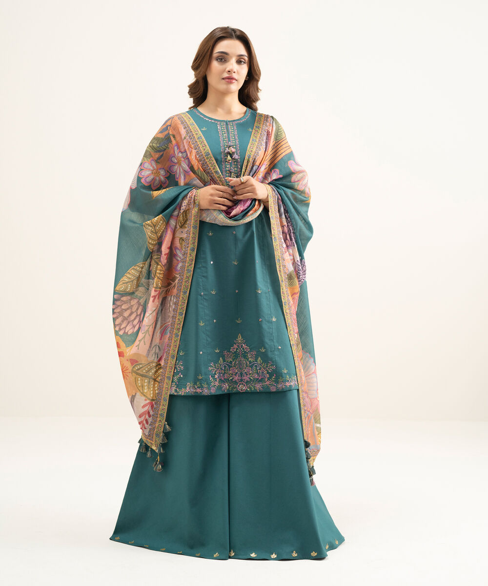 Women's Unstitched Lawn Green Embroidered 3 Piece Suit