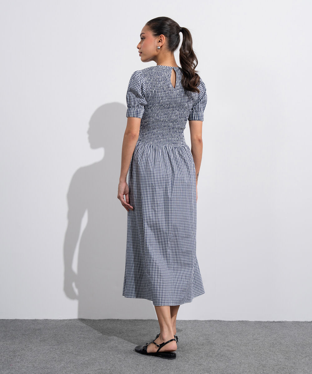 Women's Western Blue And White Smocked Gingham Dress