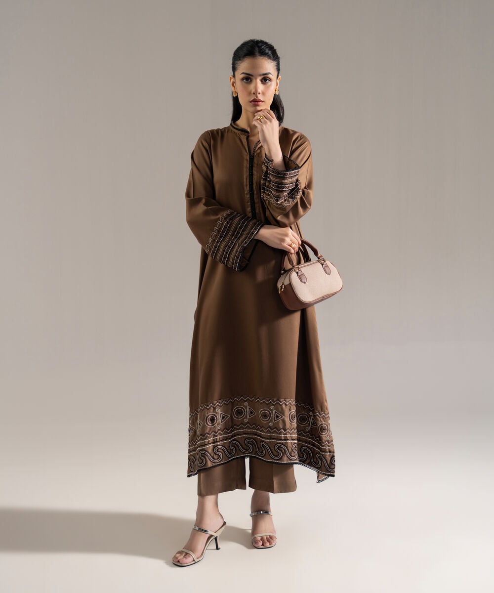 Women's RTW Bedford Solid Embroidered Brown Straight Shirt