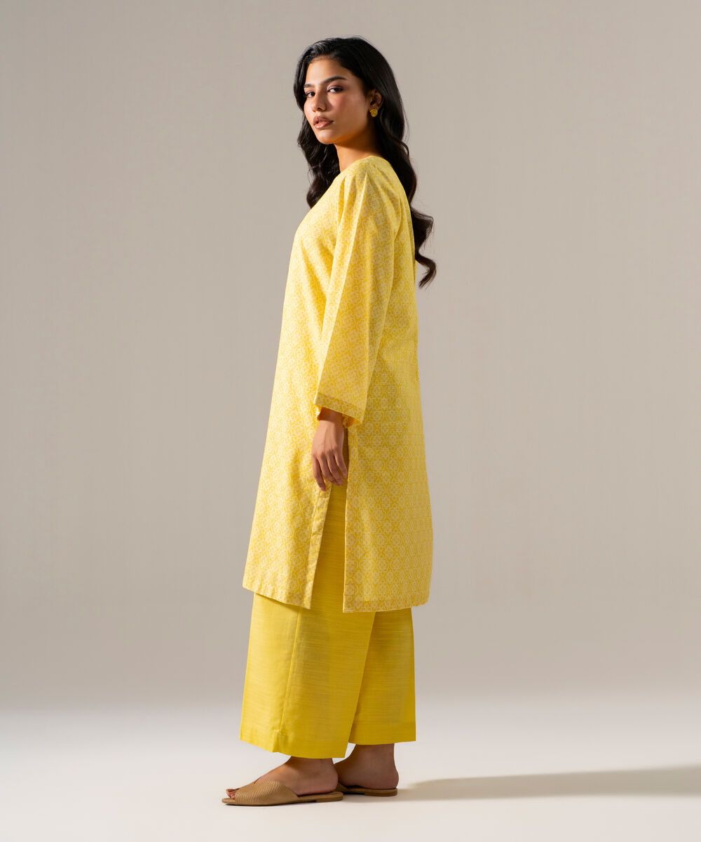 Women's RTW Khaddar Printed Pale Yellow Straight Shirt