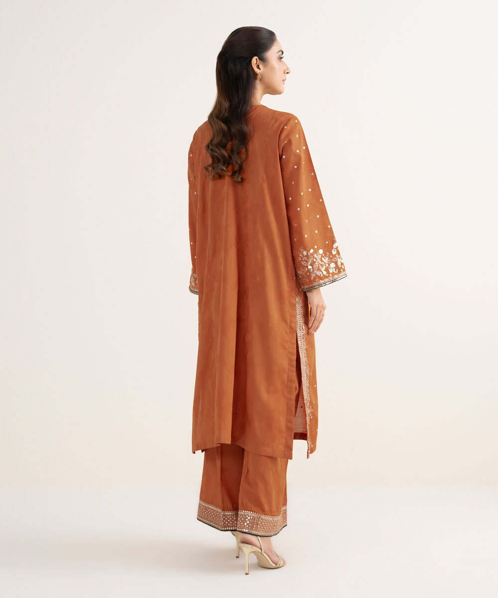 Women's RTW Self Jacquard Leno Embroidered Orange A-Line Shirt