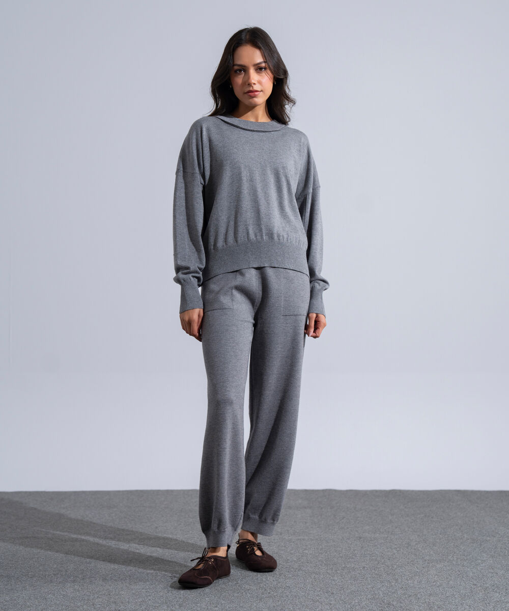 Women's Western Wear Grey Melange Round Neck Knit Jumper