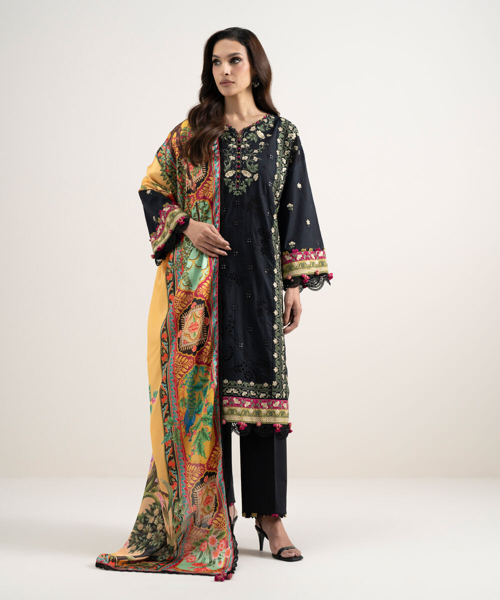 Women's Unstitched Lawn Embroidered Black 3 Piece Suit