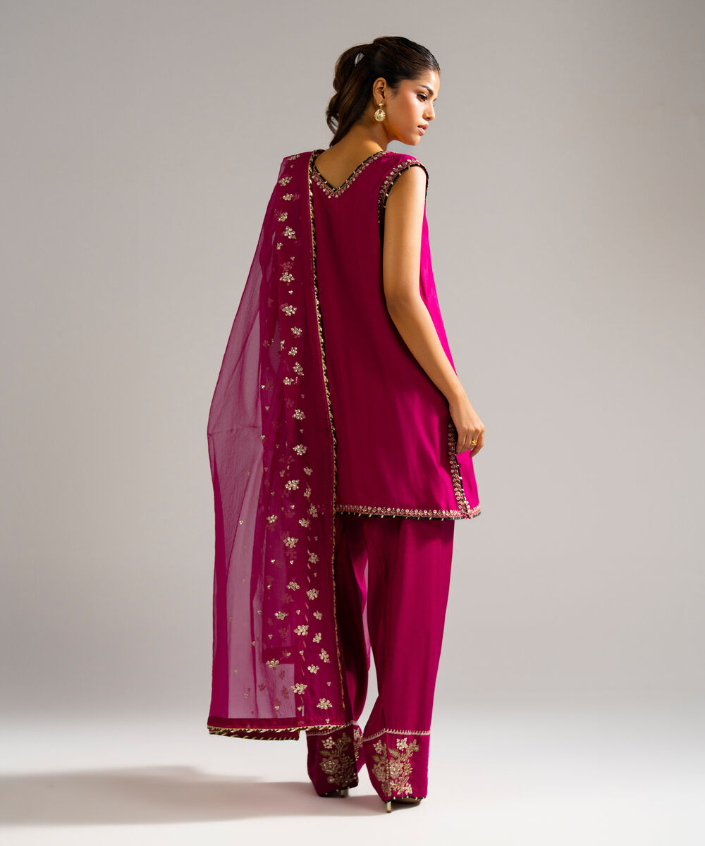 Women's RTW Raw Silk Embroidered Plum 3 Piece Suit