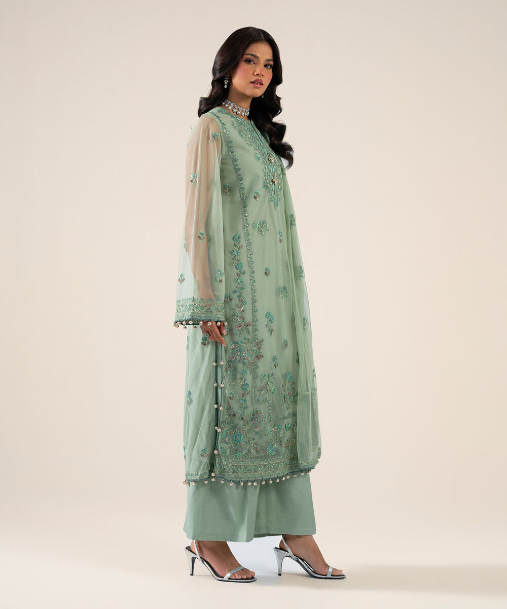Women's Unstitched Net Embroidered Mint Green 3 Piece Suit