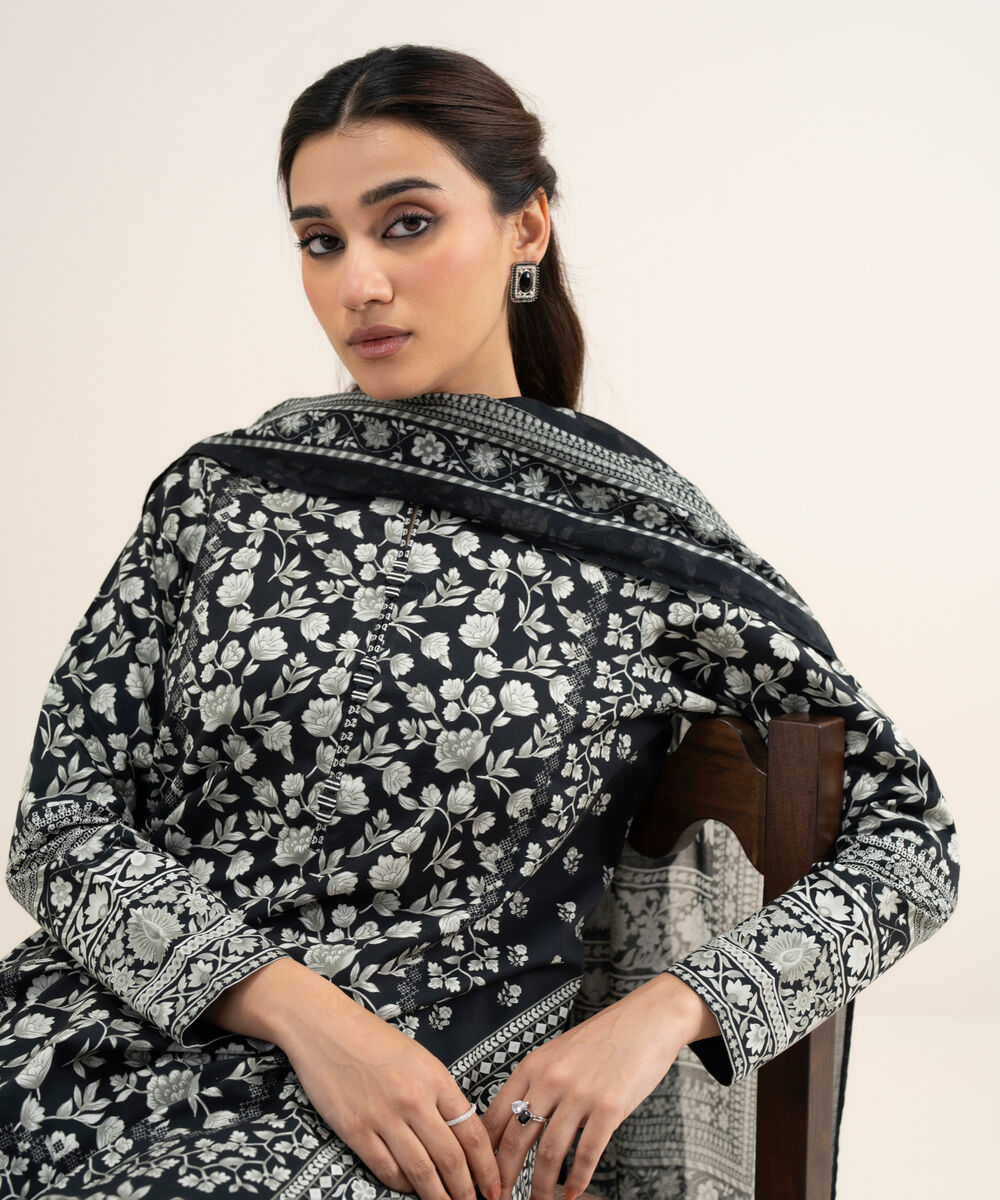 Women's Unstitched Lawn Printed Off White and Black 3 Piece Suit