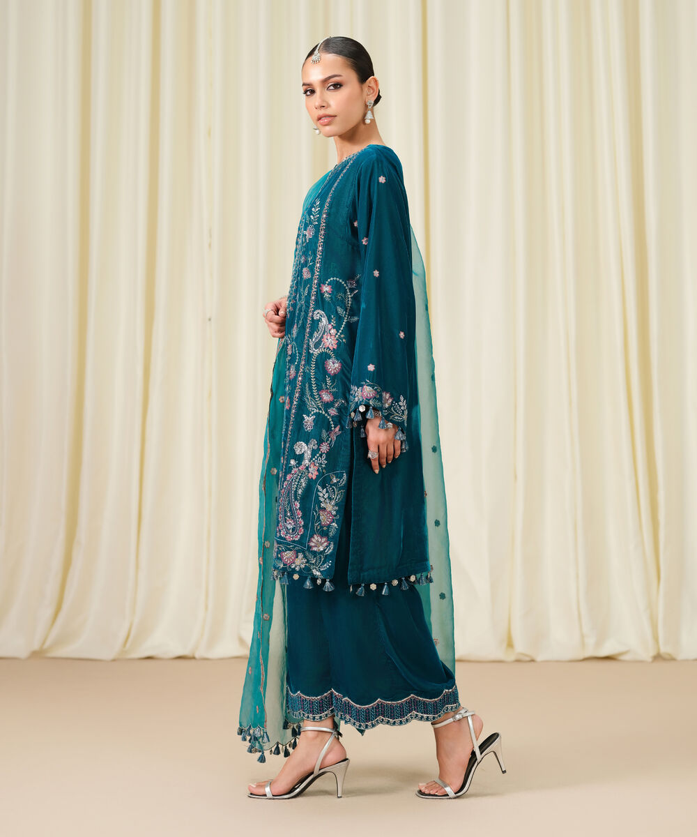 Women's Unstitched Embroidered Velvet Teal Blue 3 Piece Suit