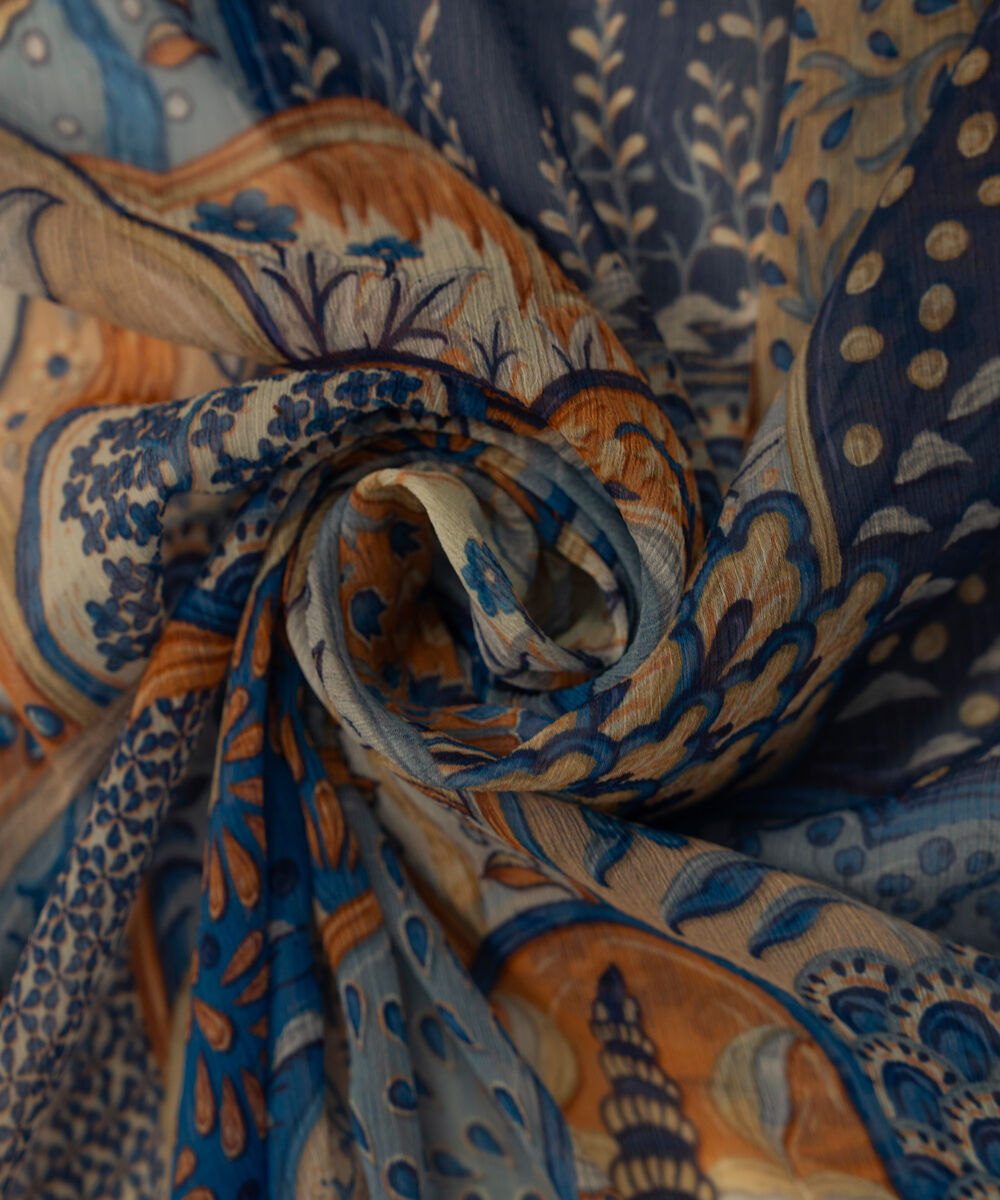 Blended Chiffon Printed Blue Dupatta