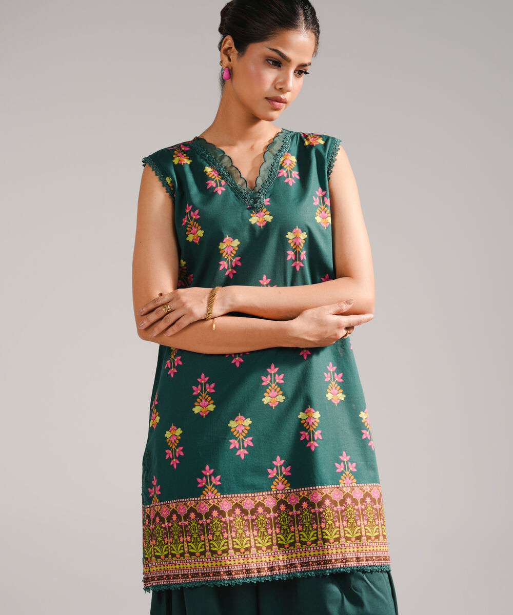 Women's RTW Slub Lawn Printed Dark Green Straight Shirt