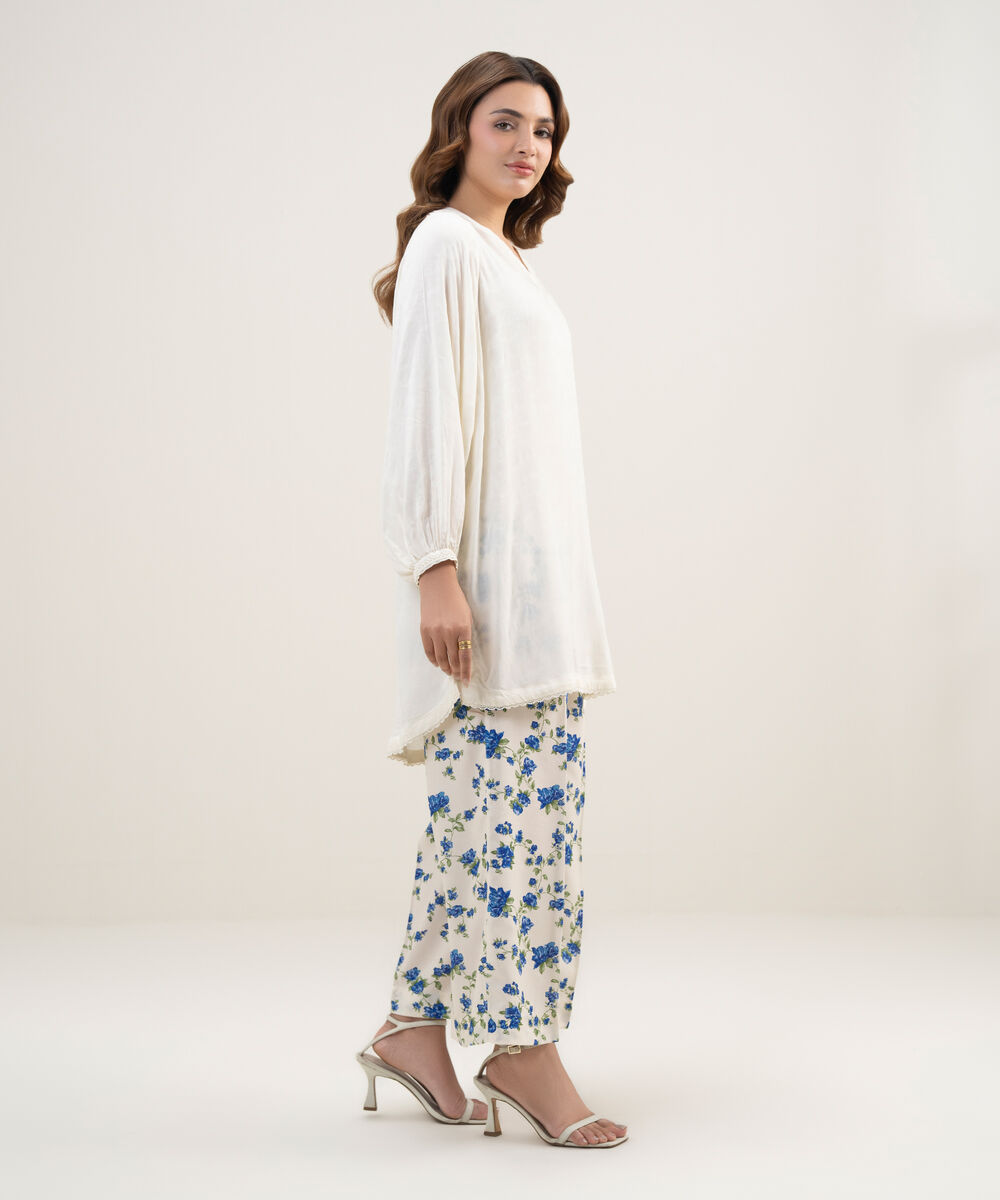 Women's RTW Arabic Self Jacquard Solid Cream White Drop Shoulder Shirt