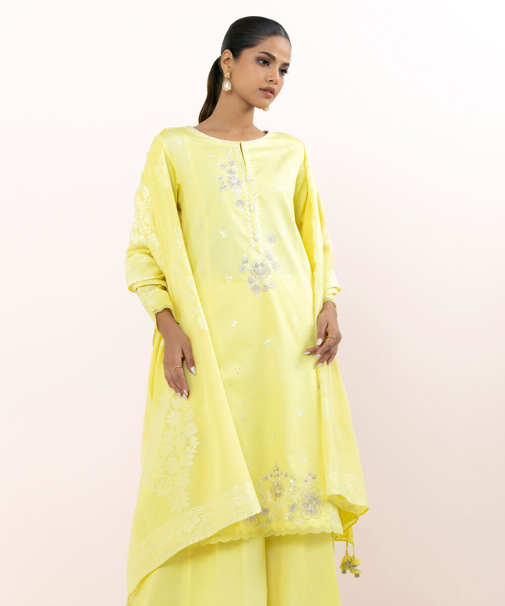 Women's Unstitched Light Cotton Satin Dyed Three Piece Suit